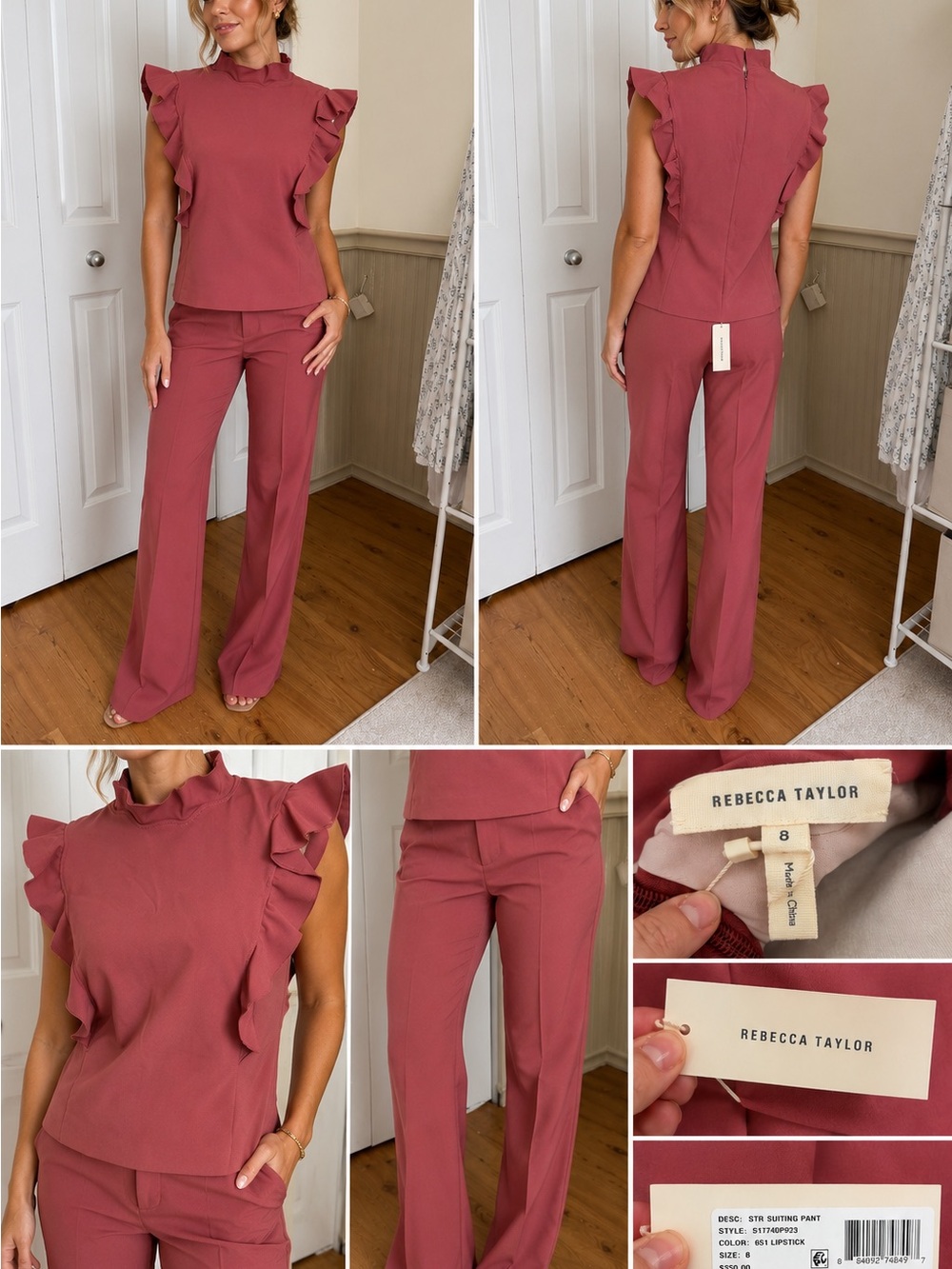 Rebecca Taylor Rosewood Ruffle-Sleeve Wide-Leg Pantsuit